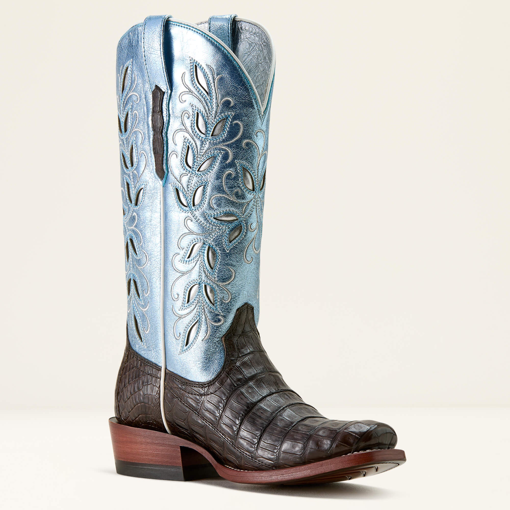 Futurity Silk Narrow Cutter Toe Western Boot Women - CHOCOLATE ESPRESSO CAIMAN/ANGELIC BLUE