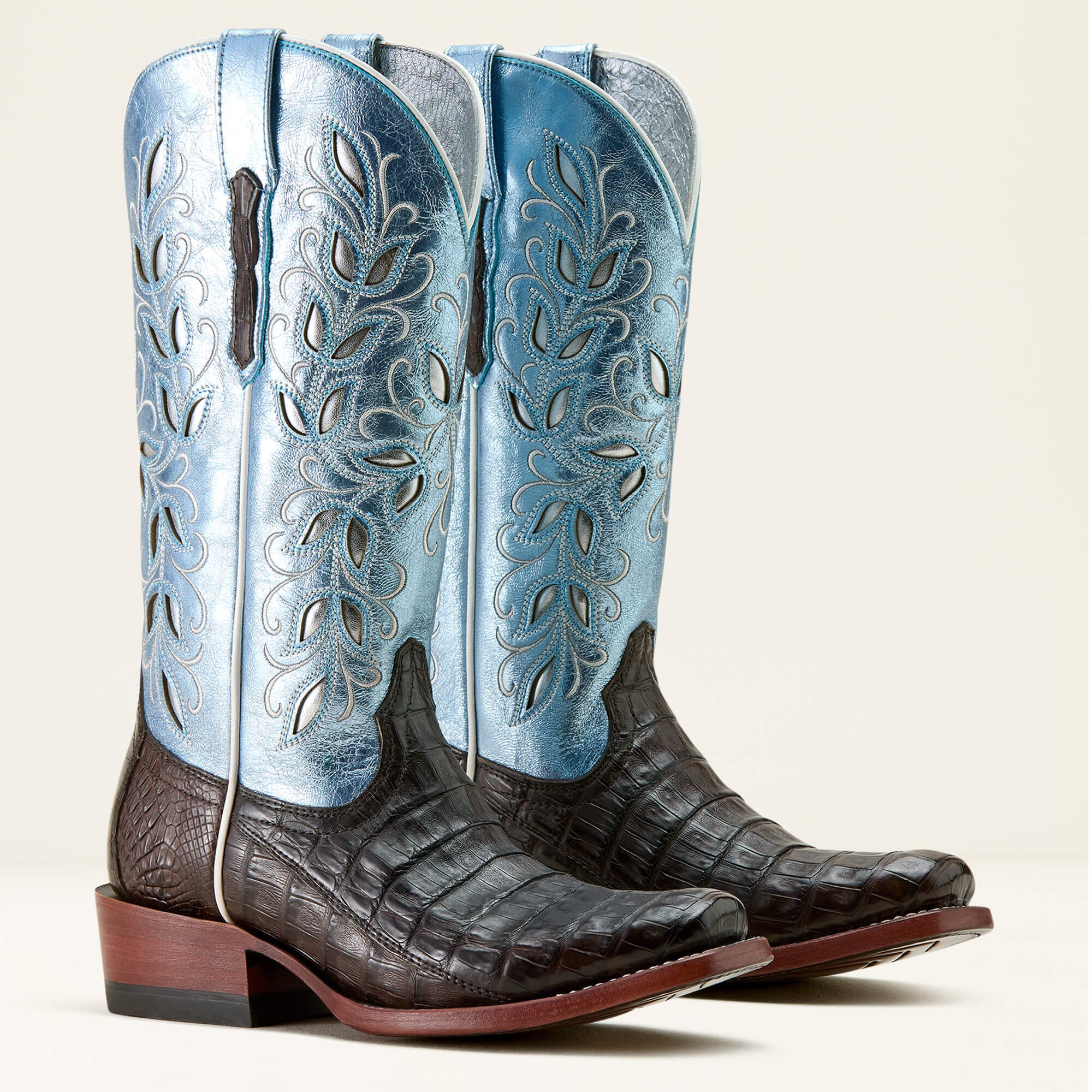 Futurity Silk Narrow Cutter Toe Western Boot Women - CHOCOLATE ESPRESSO CAIMAN/ANGELIC BLUE