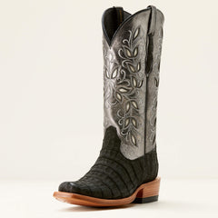 Futurity Silk Narrow Cutter Toe Western Boot Women - BLACK SUEDED CAIMAN/SOFT MERCURY