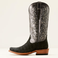 Futurity Silk Narrow Cutter Toe Western Boot Women - BLACK SUEDED CAIMAN/SOFT MERCURY