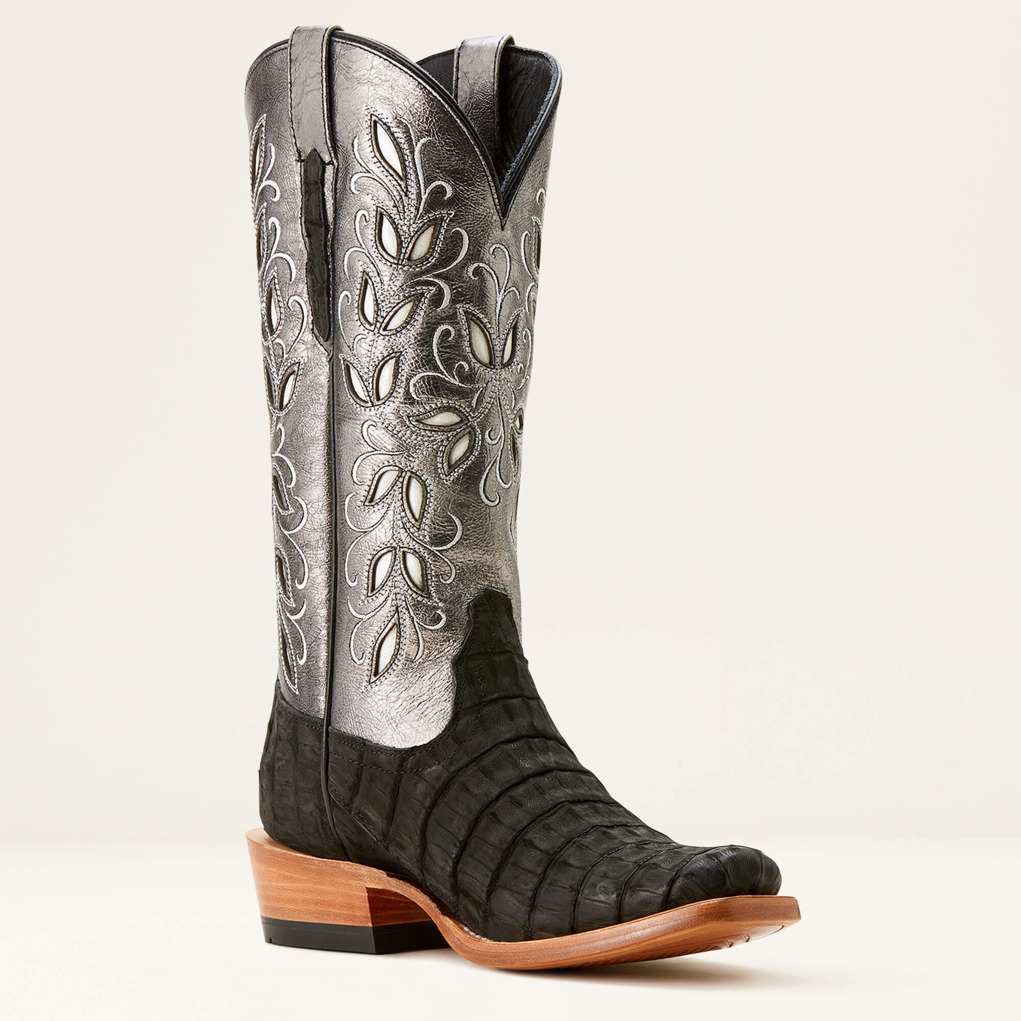 Futurity Silk Narrow Cutter Toe Western Boot Women - BLACK SUEDED CAIMAN/SOFT MERCURY