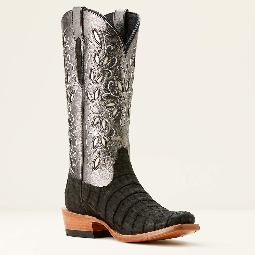 Futurity Silk Narrow Cutter Toe Western Boot Women - BLACK SUEDED CAIMAN/SOFT MERCURY