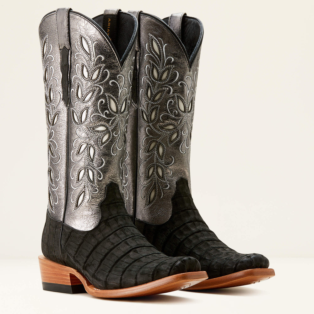 Futurity Silk Narrow Cutter Toe Western Boot Women - BLACK SUEDED CAIMAN/SOFT MERCURY