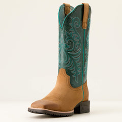 Hybrid Ranch Time Western Boot Women - ACORN ROUGHOUT/DEEP TEAL