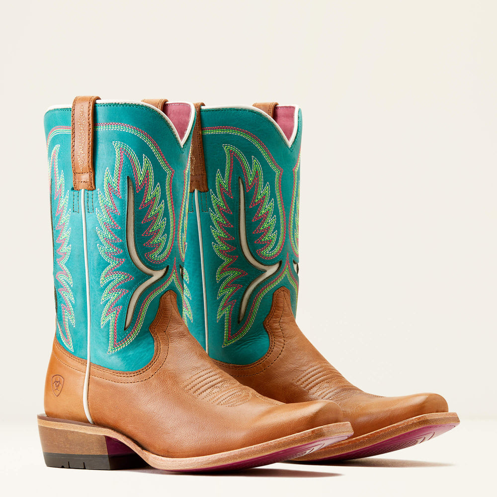 Futurity Colt Narrow Cutter Toe Western Boot Women - TAN PATINA/CENOTE BLUE