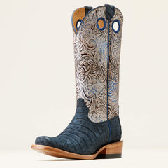 Futurity Boon Western Boot Women - NAVY SUEDED CAIMAN BELLY/TOOLED NIGHT FA