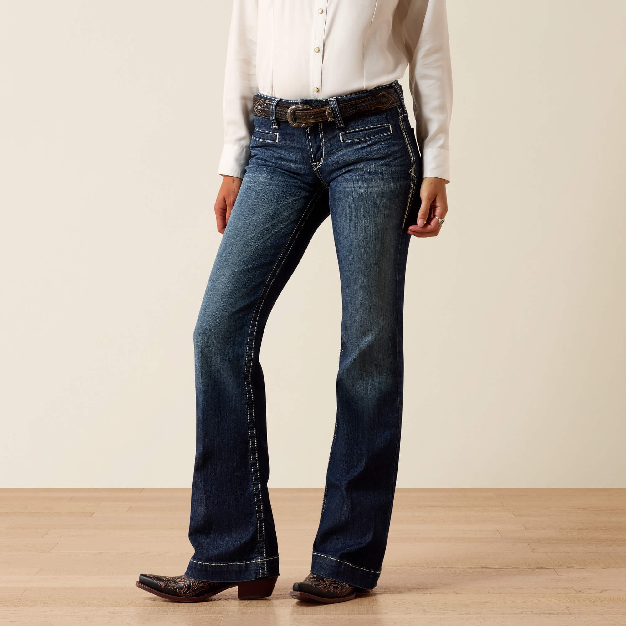 Trouser Mid Rise Stretch Entwined Wide Leg Jean Women - MARINE