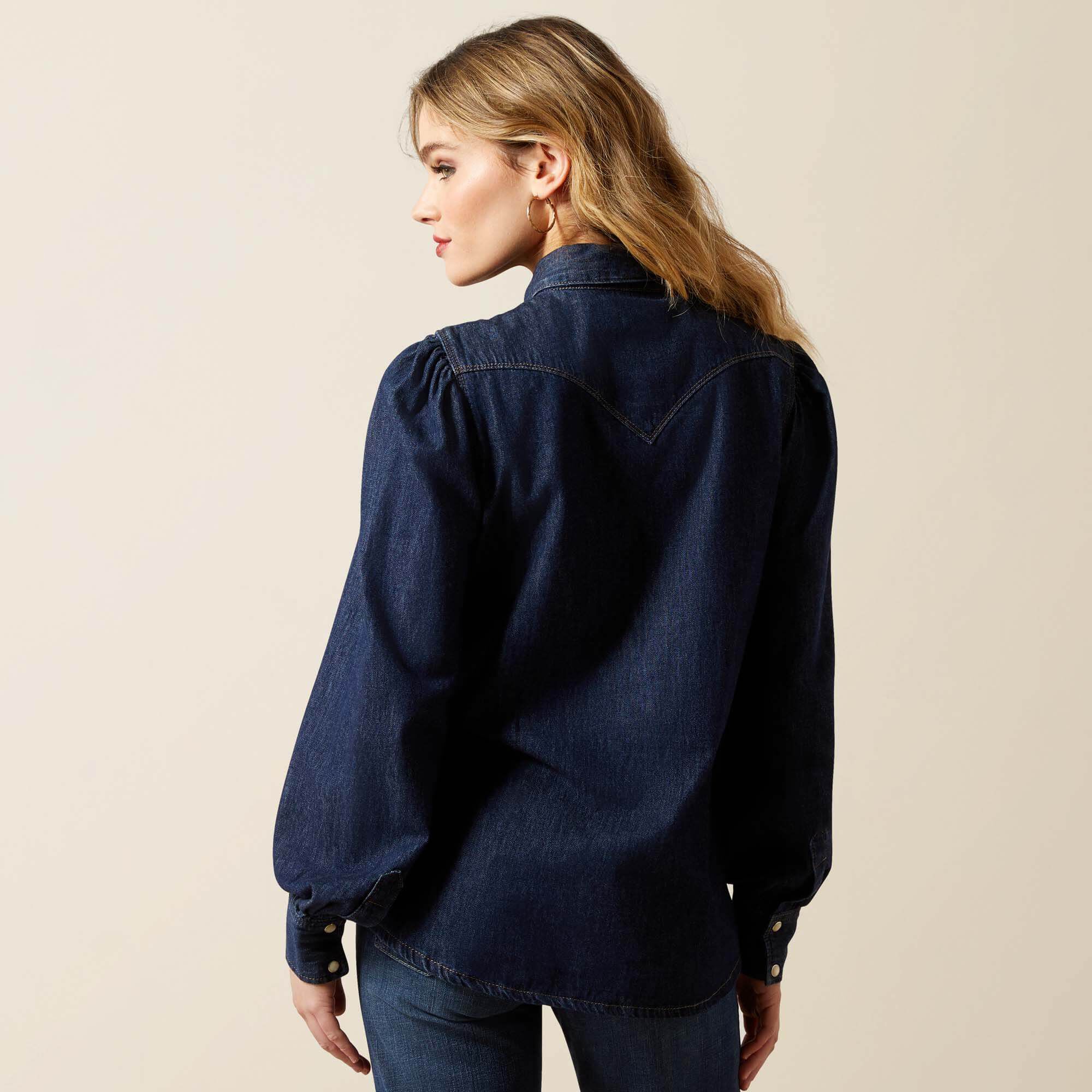 Puff Sleeve Denim Snap Shirt Women - STORM DARK