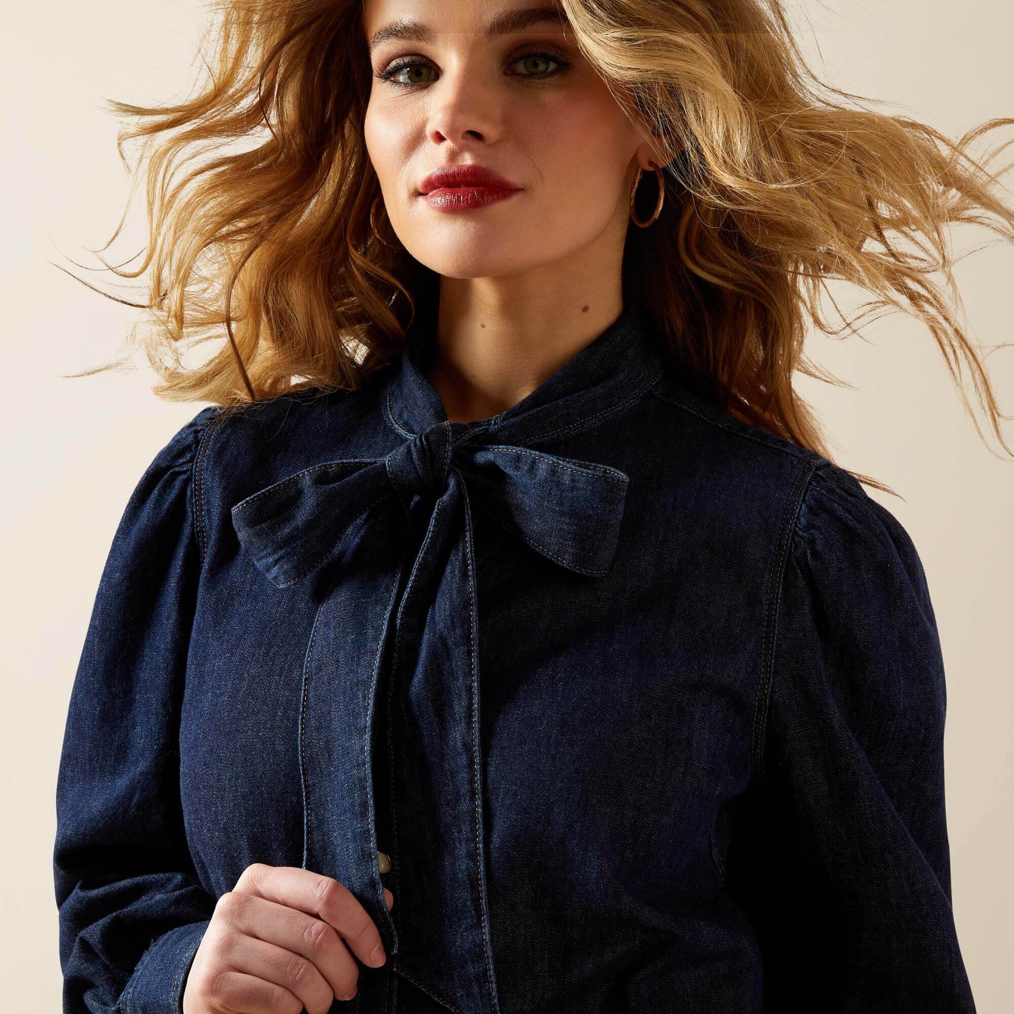 Puff Sleeve Denim Snap Shirt Women - STORM DARK