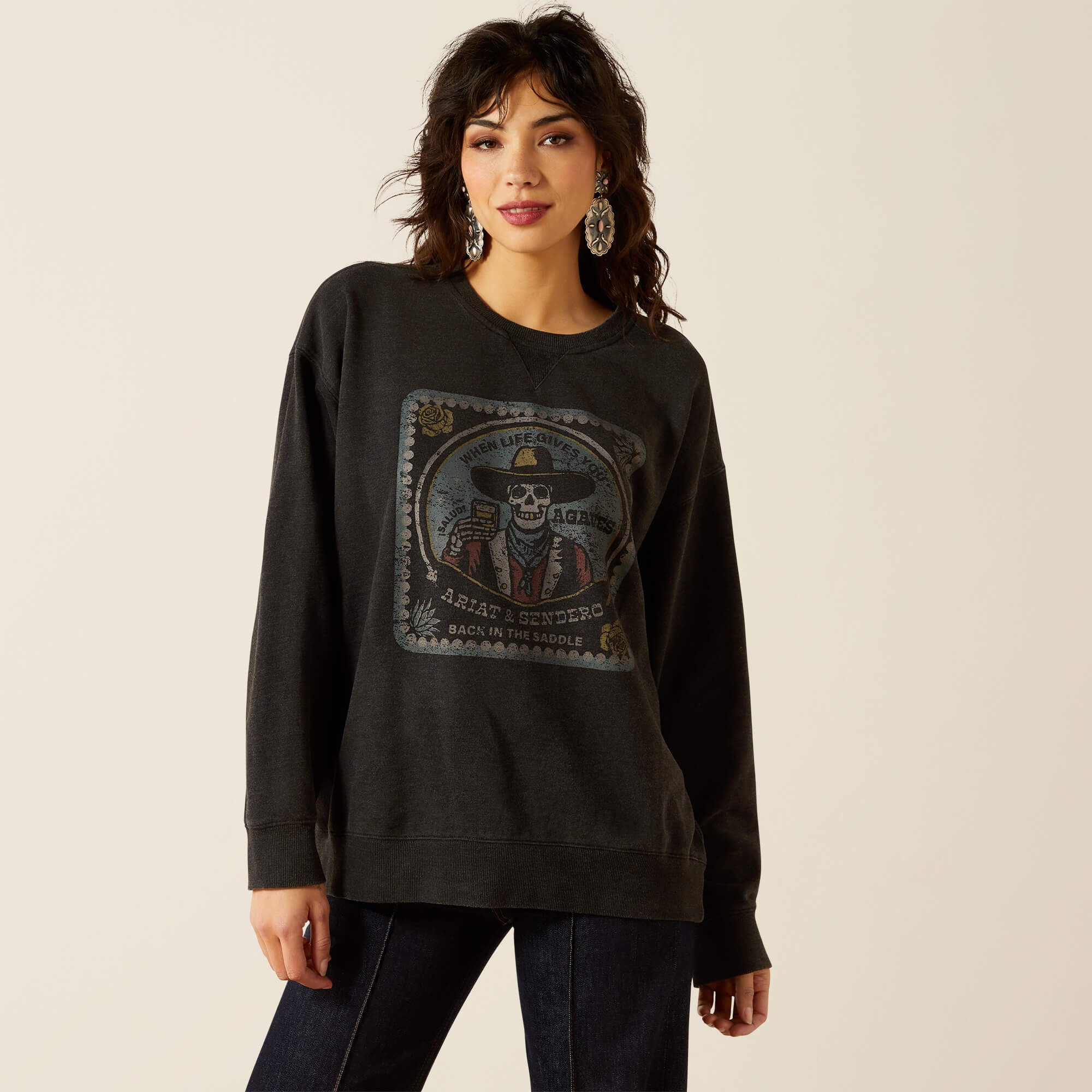 Oversize Sendero When Life Gives You Agaves Sweatshirt Women - BLACK MINERAL WASH