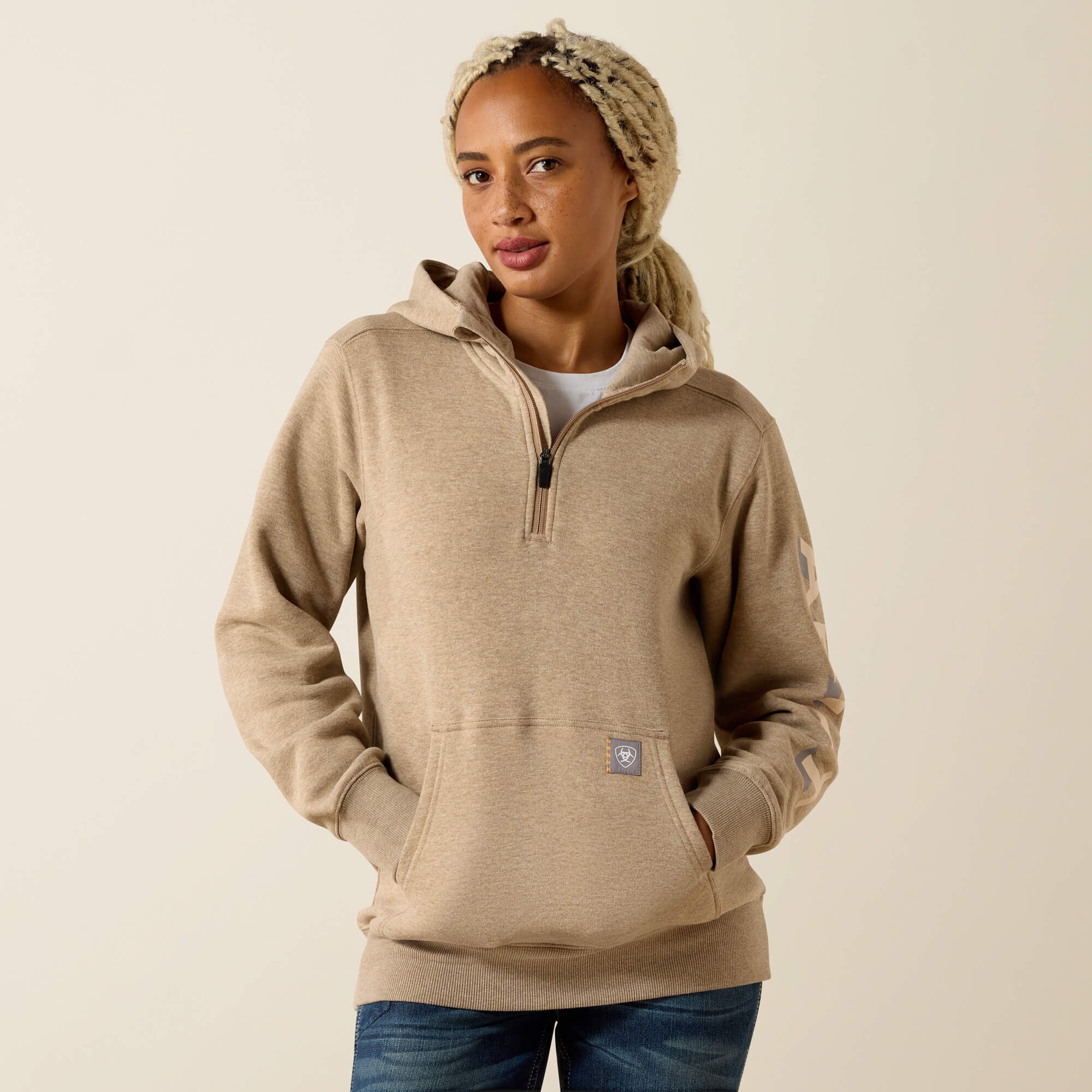 Rebar Lightweight Logo 1/2 Zip Hoodie Women - OATMEAL HEATHER/WHISPER PINK