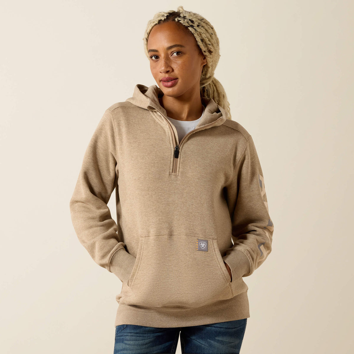 Rebar Lightweight Logo 1/2 Zip Hoodie Women - OATMEAL HEATHER/WHISPER PINK