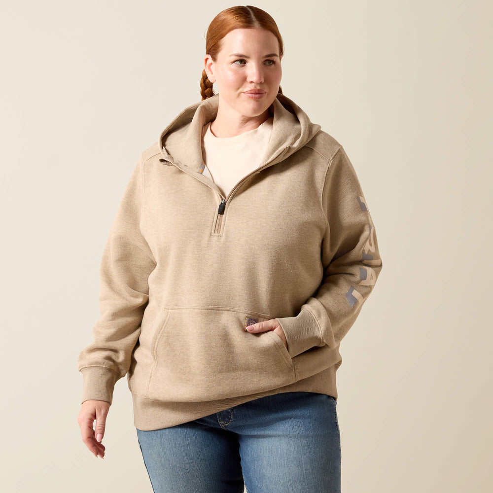 Rebar Lightweight Logo 1/2 Zip Hoodie Women - OATMEAL HEATHER/WHISPER PINK