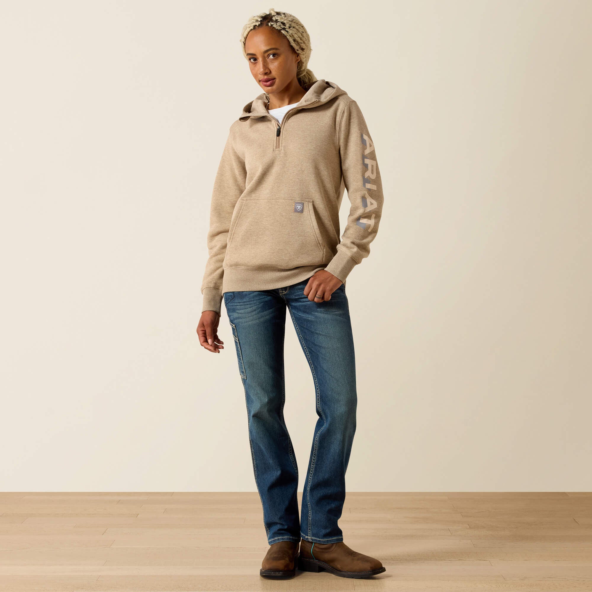 Rebar Lightweight Logo 1/2 Zip Hoodie Women - OATMEAL HEATHER/WHISPER PINK