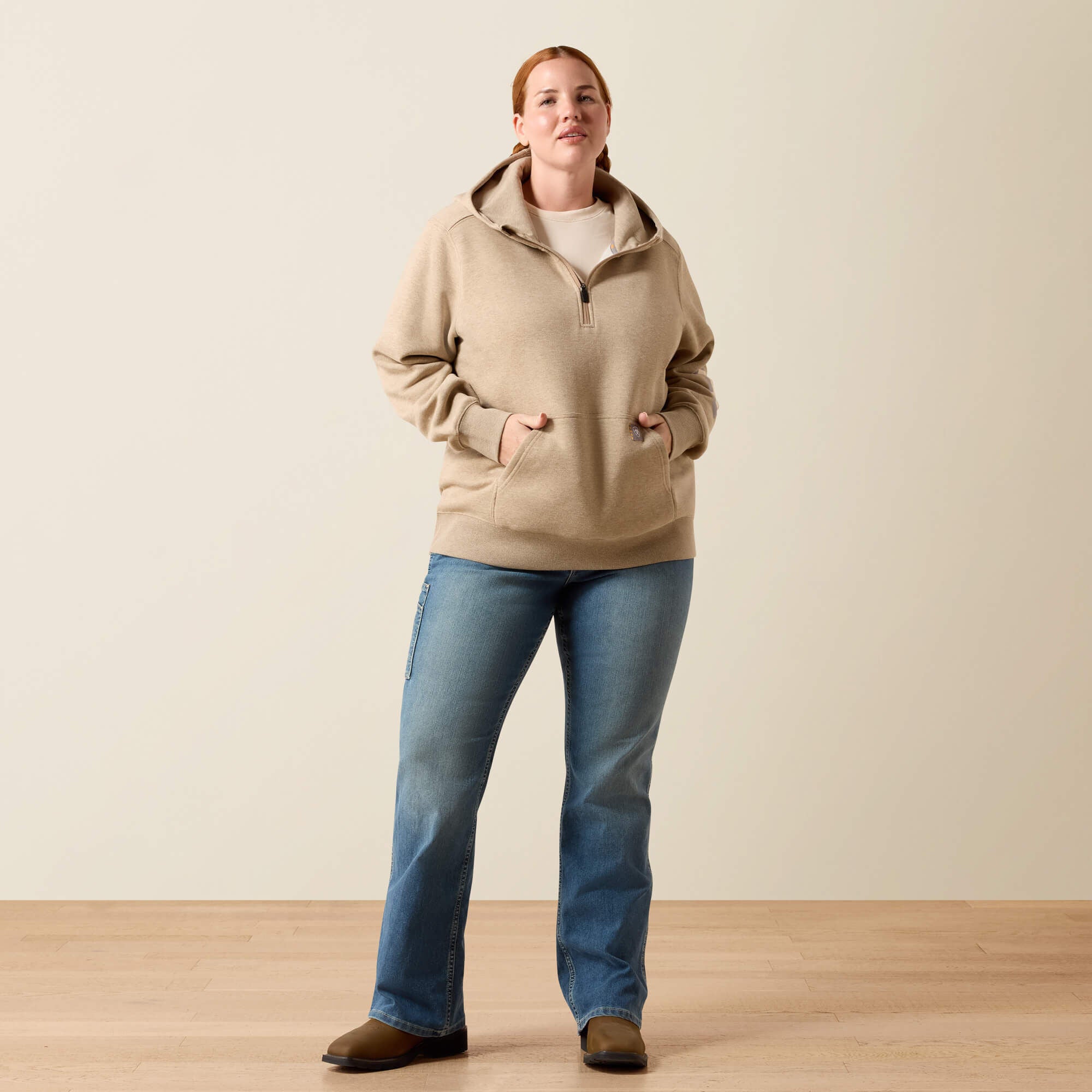 Rebar Lightweight Logo 1/2 Zip Hoodie Women - OATMEAL HEATHER/WHISPER PINK