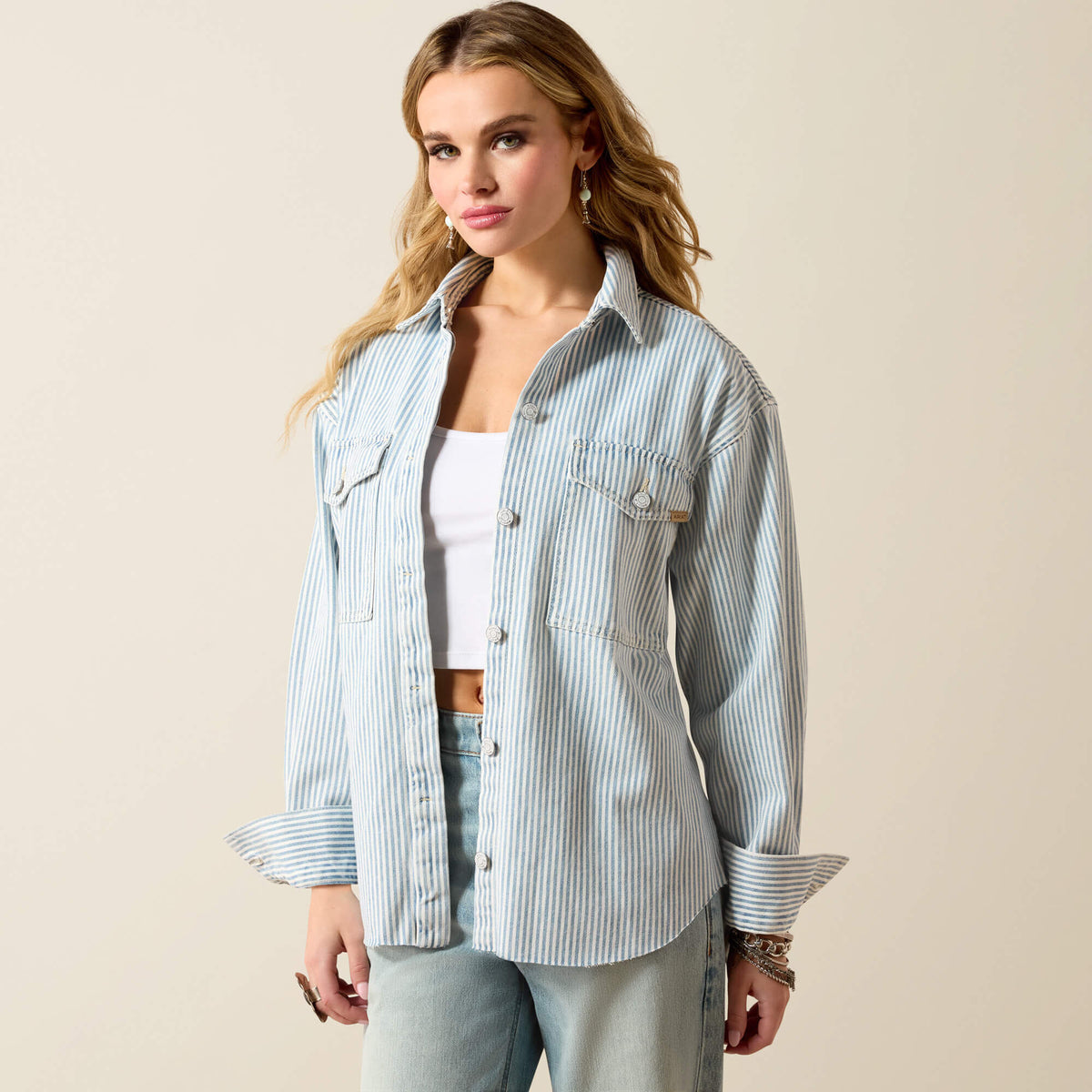 Denim Shirt Jacket Women - BLUE WHITE DENIM STRIPE
