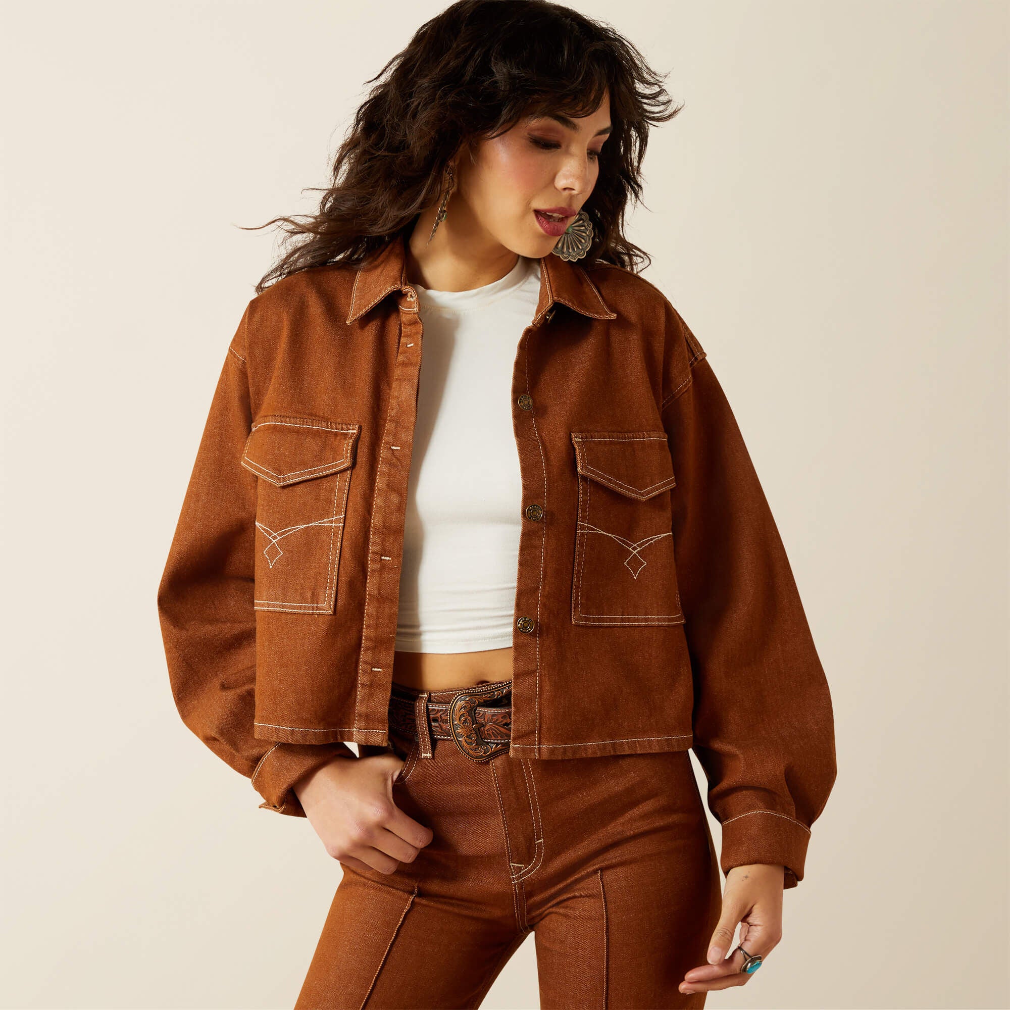 Boxy Cropped Denim Jacket Women - PECAN BROWN