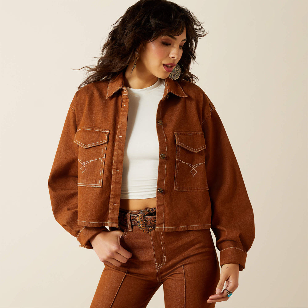 Boxy Cropped Denim Jacket Women - PECAN BROWN