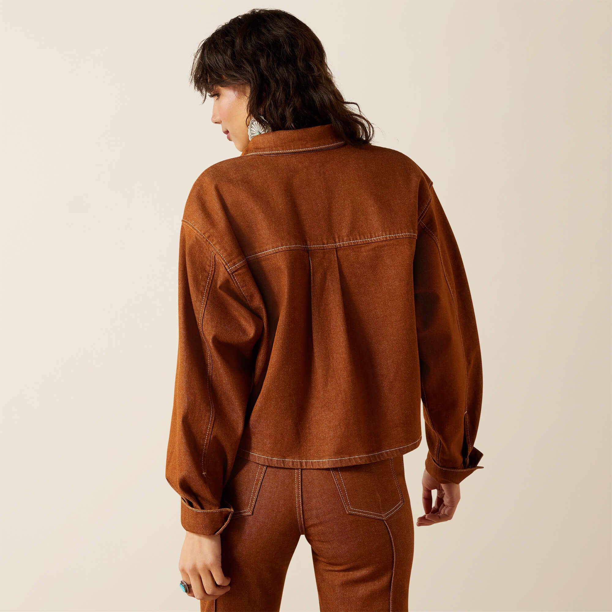 Boxy Cropped Denim Jacket Women - PECAN BROWN