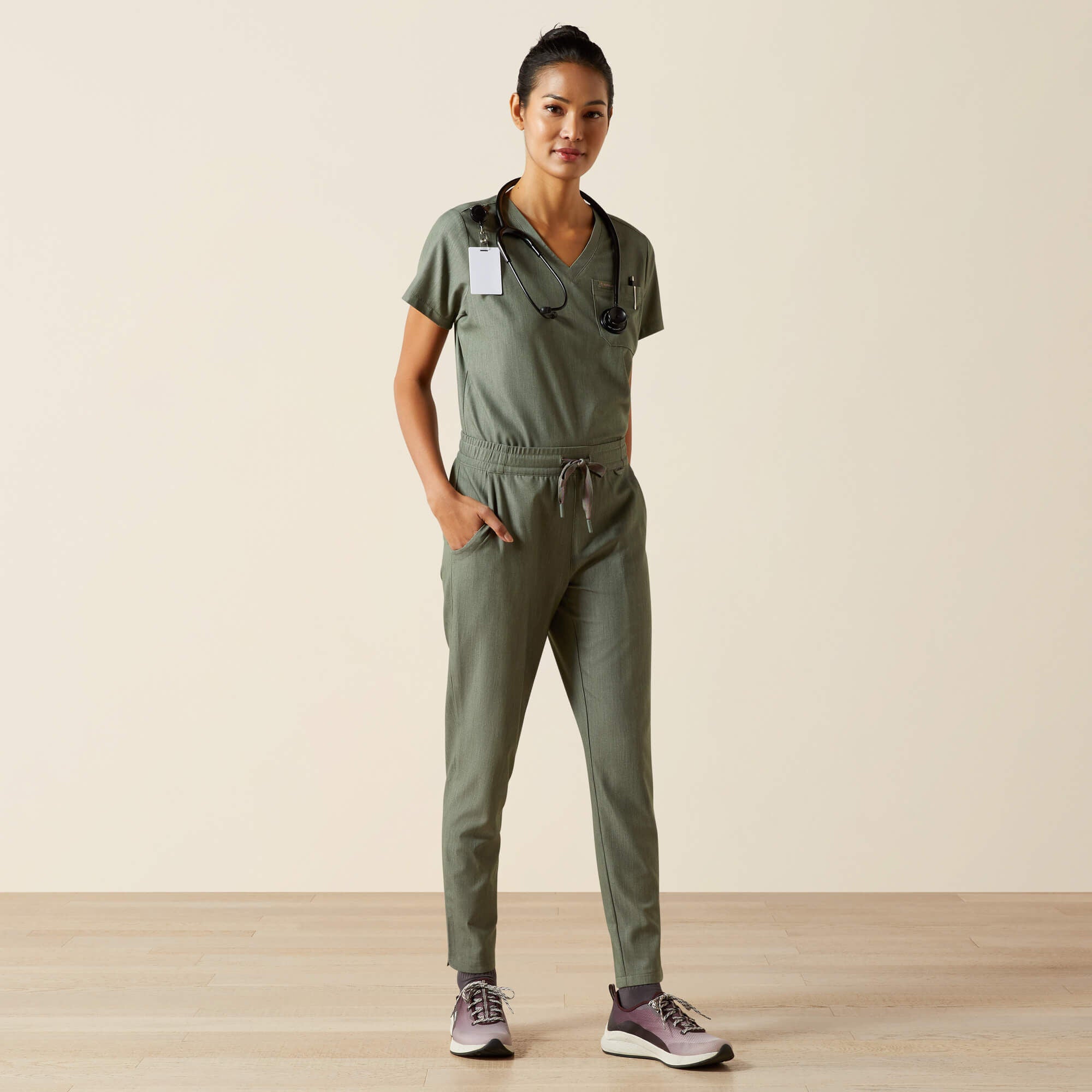 Beth Basic Scrub Top Women - OLIVE HEATHER