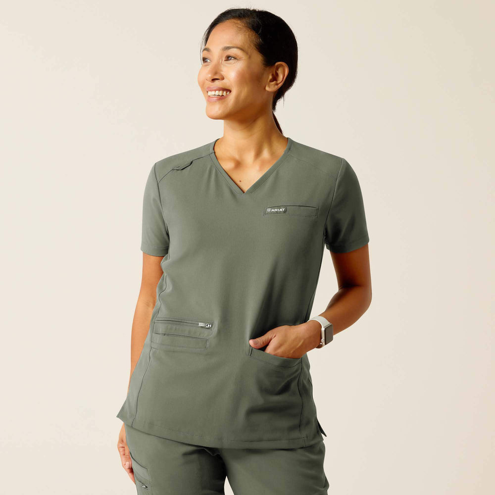 Clara 6 Pocket Scrub Top Women - OLIVE HEATHER