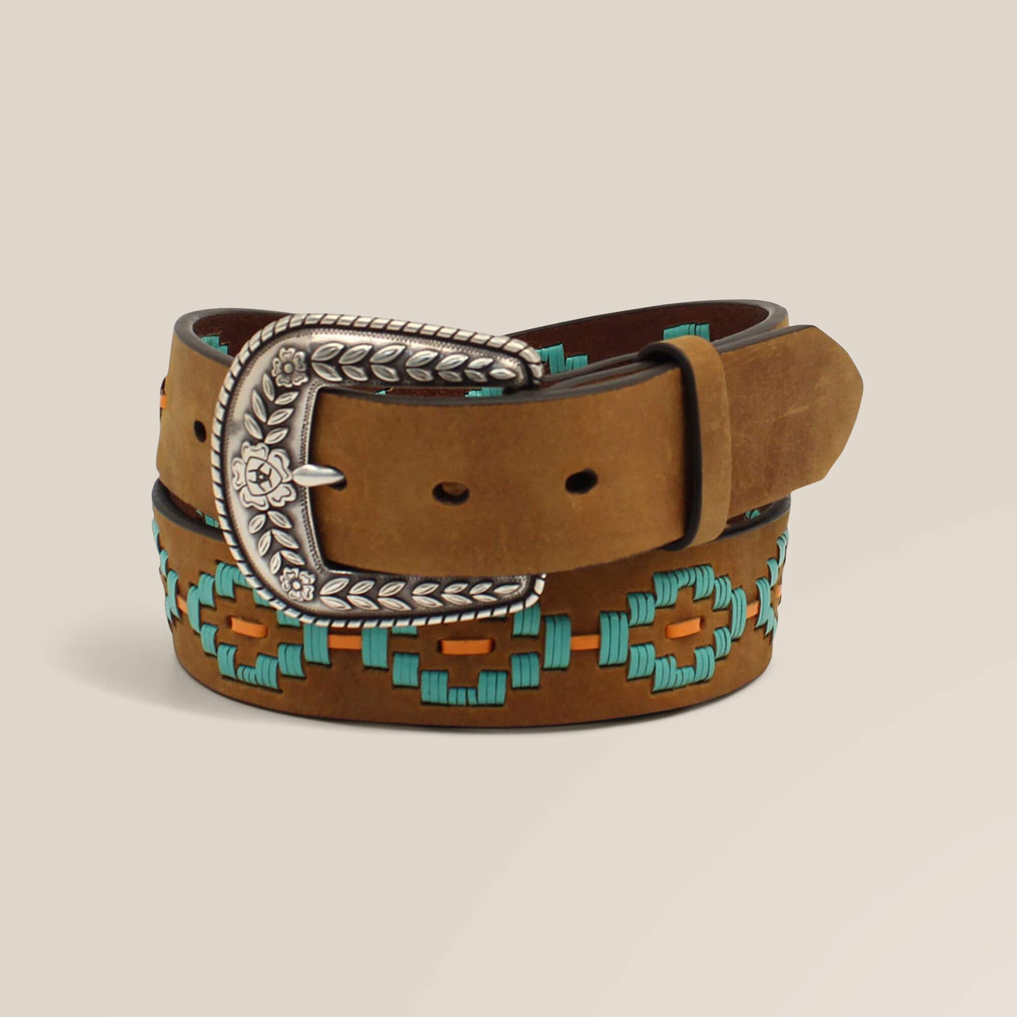 Turquoise Diamond Embroidery Belt Women - MEDIUM BROWN