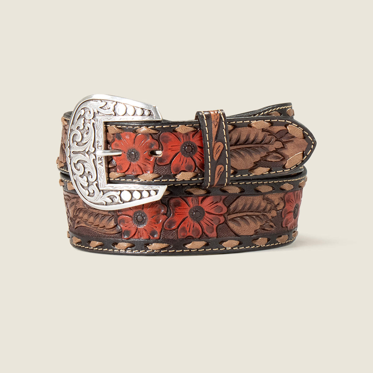 Flower Tooled Belt Women - BROWN
