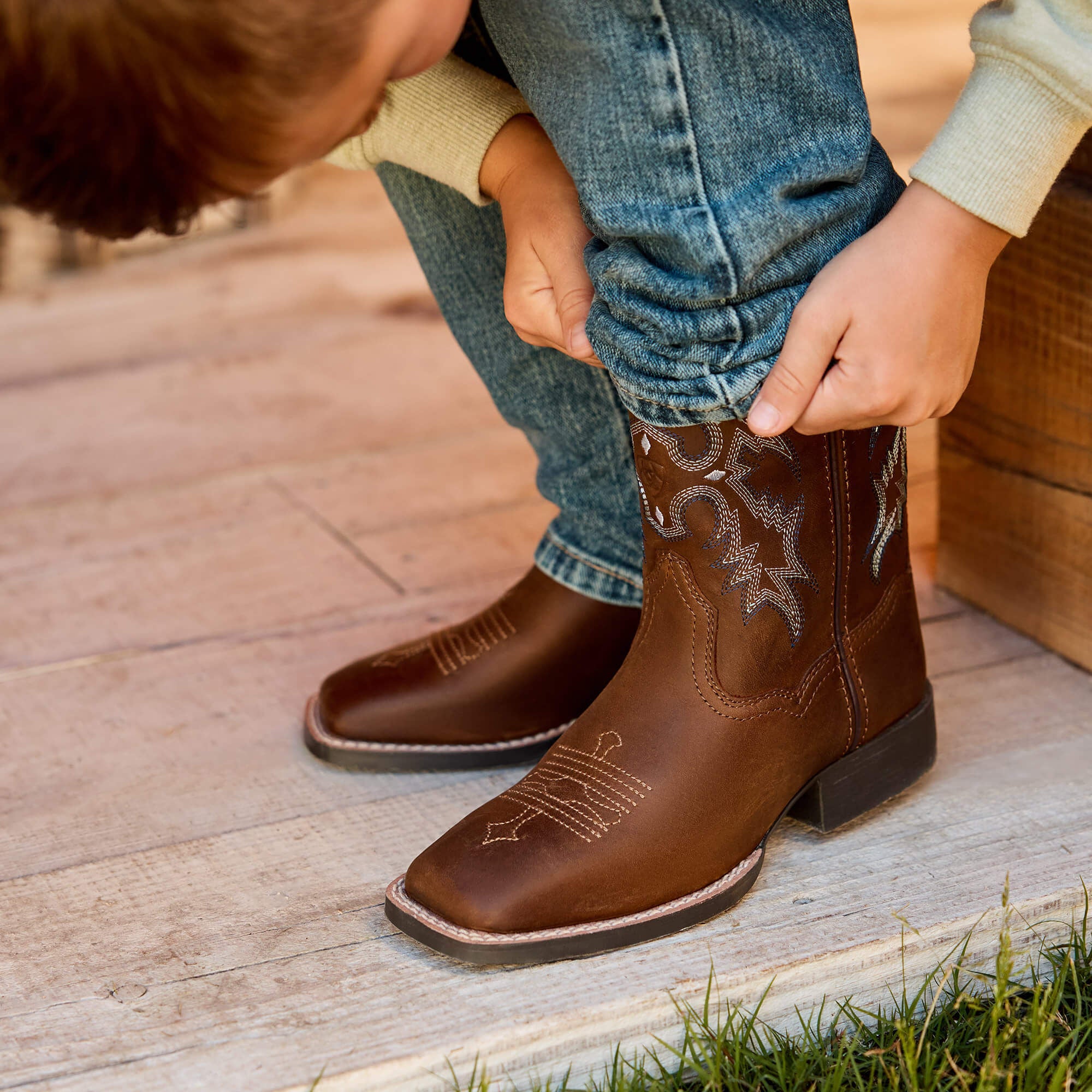 Tombstone Wide Square Toe Western Boot Kids - DISTRESSED BROWN