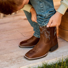 Tombstone Wide Square Toe Western Boot Kids - DISTRESSED BROWN