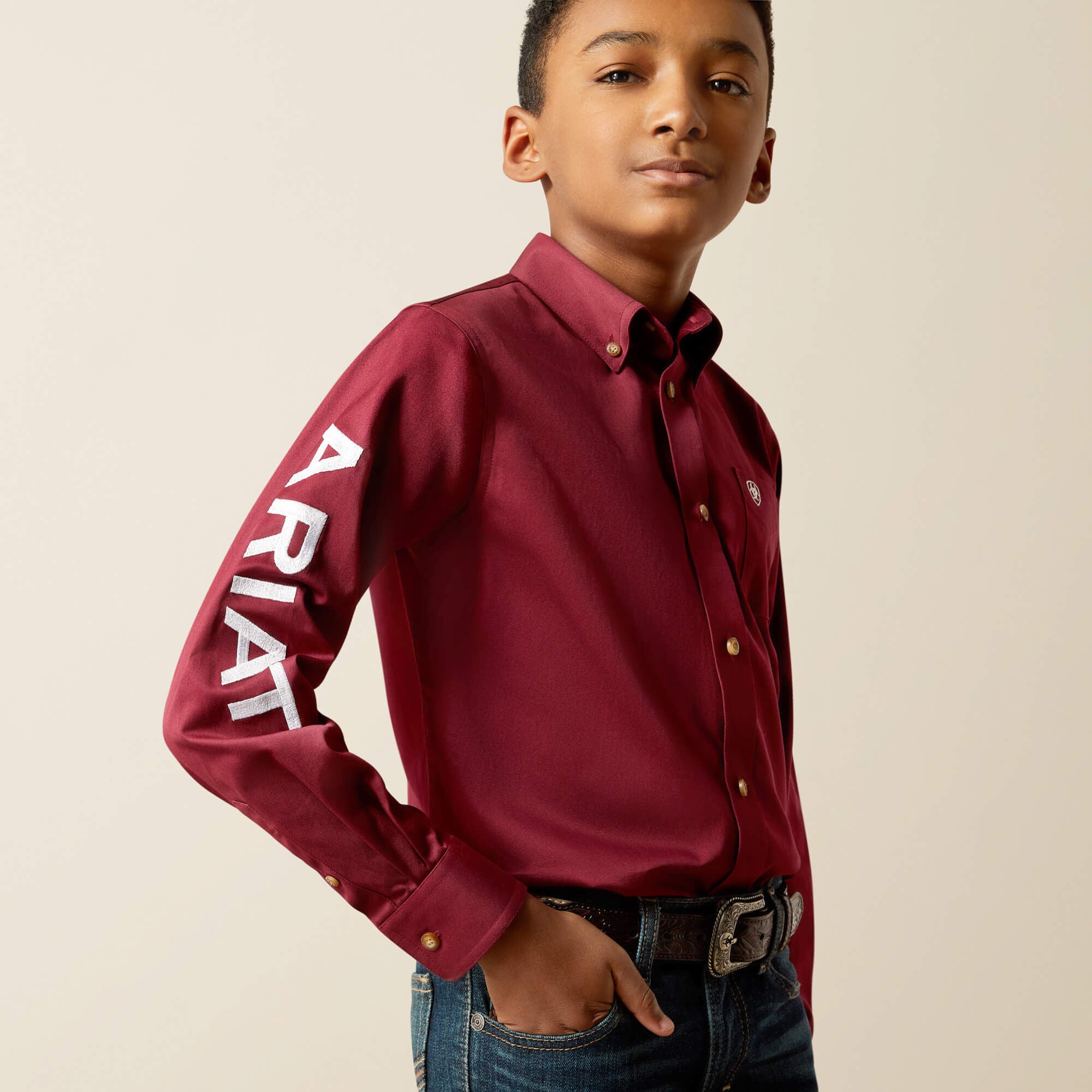 Team Logo Twill Classic Fit Shirt Kids - BURGUNDY/WHITE