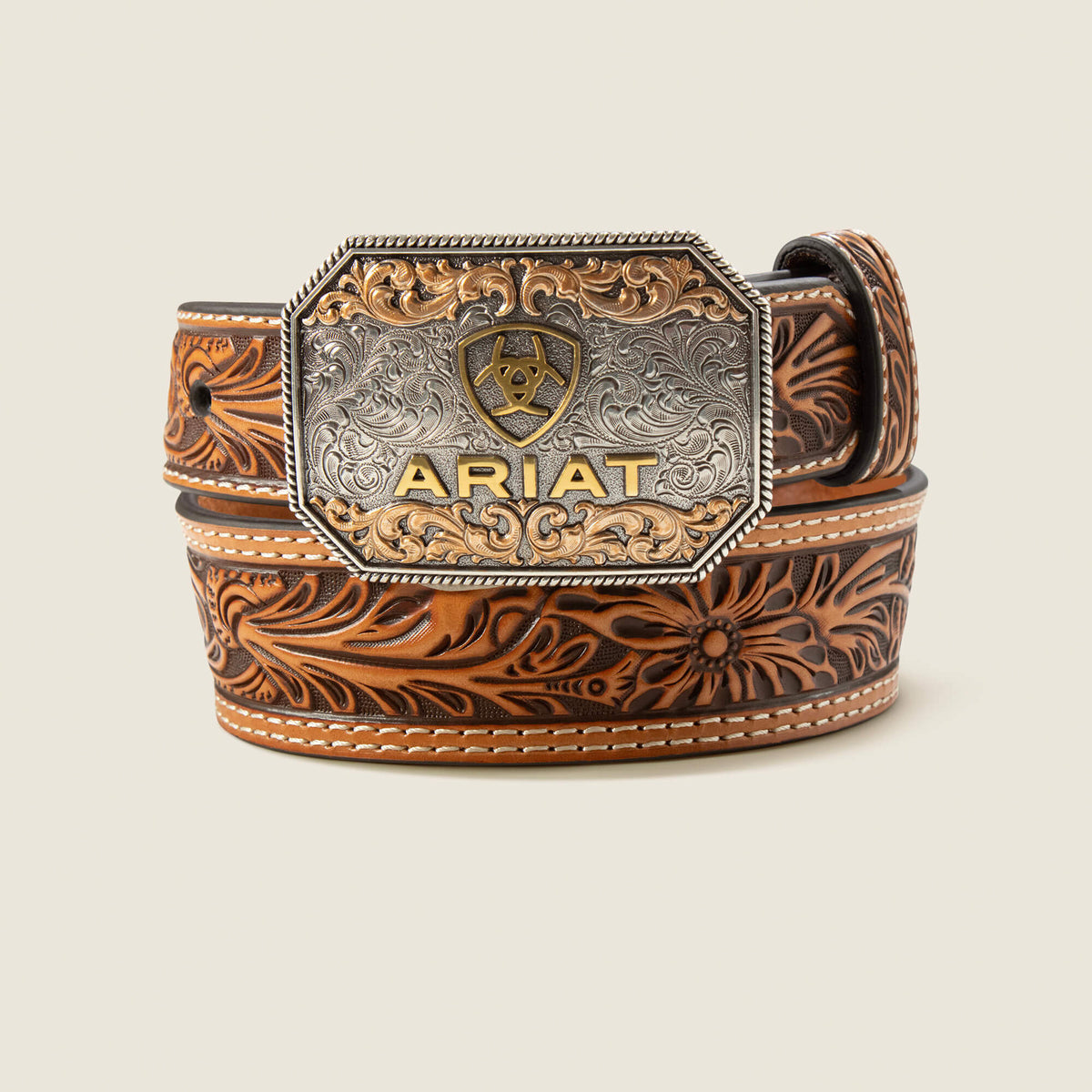 Floral Tooled Belt - TAN